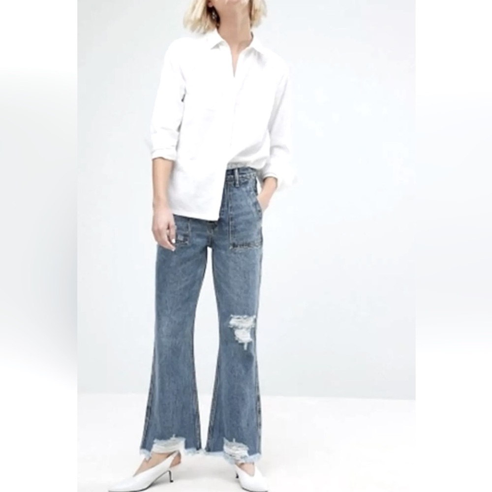 Evidnt Button Fly Raw Hem Distressed Flare Jeans new with tags Saint Denis 28